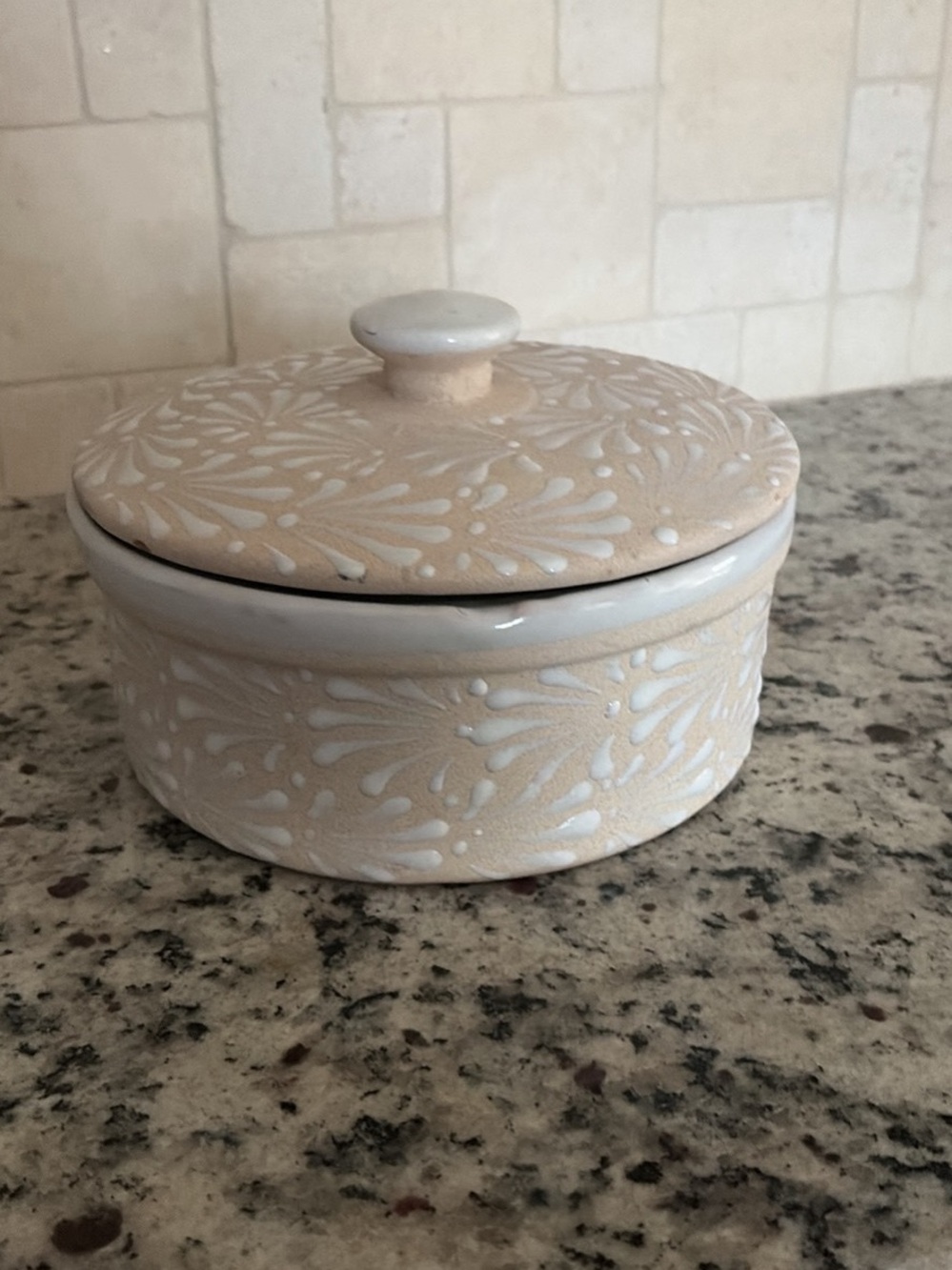 Beige and White Floral Ceramic Lidded Jar - Tortillas